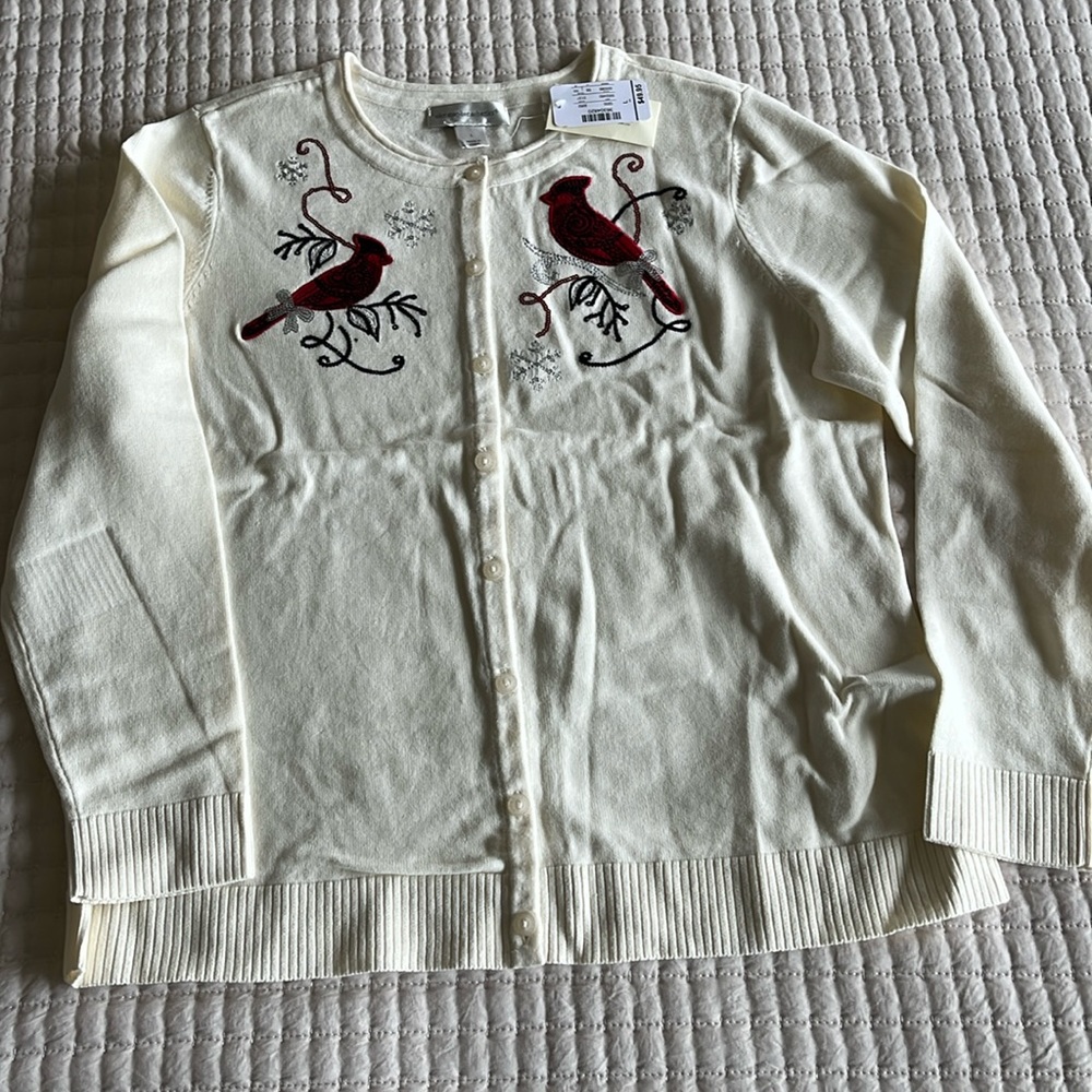 Christopher & Banks Christmas Sweater NWT -  size L off white with red birds